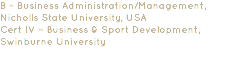 B – Business Administration/Management, Nicholls State University, USA Cert IV – Business & Sport Development, Swinburne University